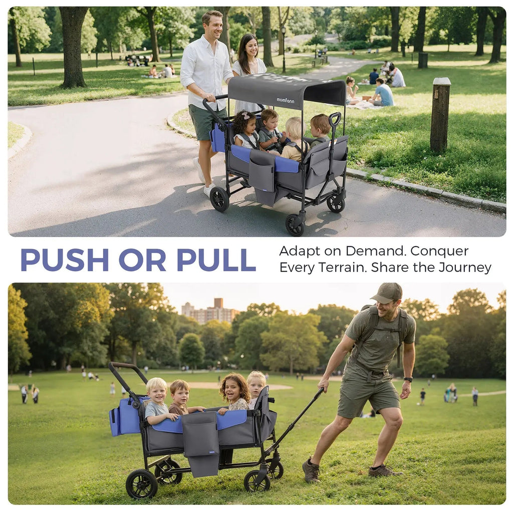 Momfann 2-Seater All-Terrain Stroller Wagon for Kids demonstrating push and pull use across outdoor terrain, momfann 2 seater folding stroller wagon, Momfann, Shopify Collective.