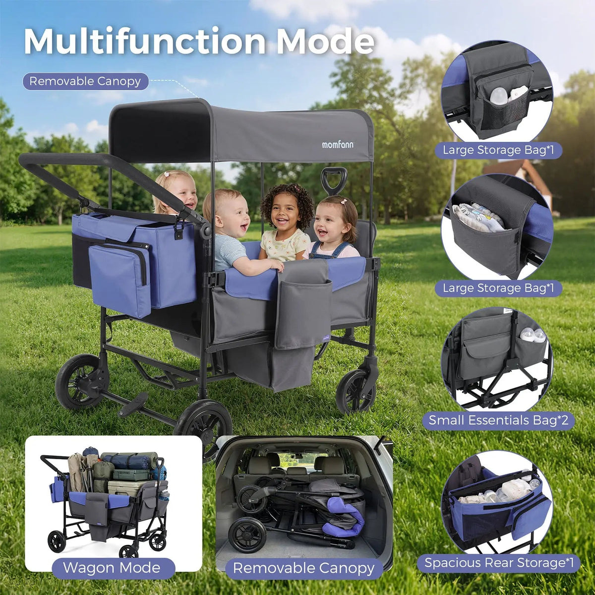 Momfann 2-Seater All-Terrain Stroller Wagon for Kids multifunction mode with canopy, storage bags, and wagon configuration, momfann 2 seater folding stroller wagon, Momfann, Shopify Collective.