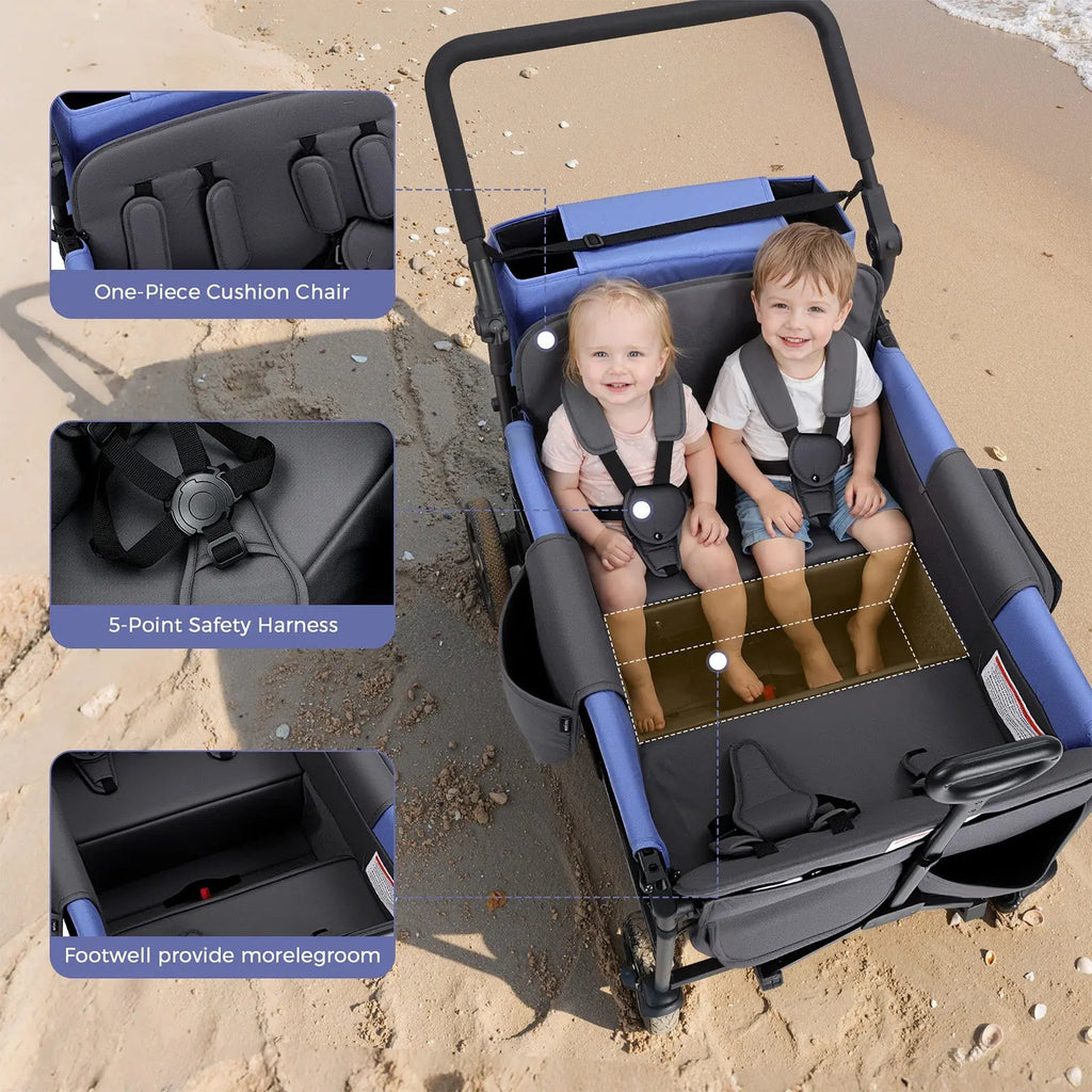 Momfann 2-Seater All-Terrain Stroller Wagon for Kids viewed from above with two children in five-point harnesses, momfann 2 seater folding stroller wagon, Momfann, Shopify Collective.