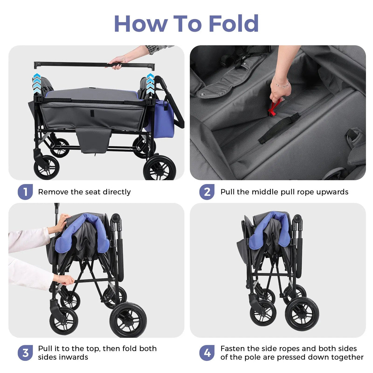 Momfann 2-Seater All-Terrain Stroller Wagon for Kids illustrated folding instructions, showing how to fold the momfann 2 seater folding stroller wagon, Momfann, Shopify Collective.