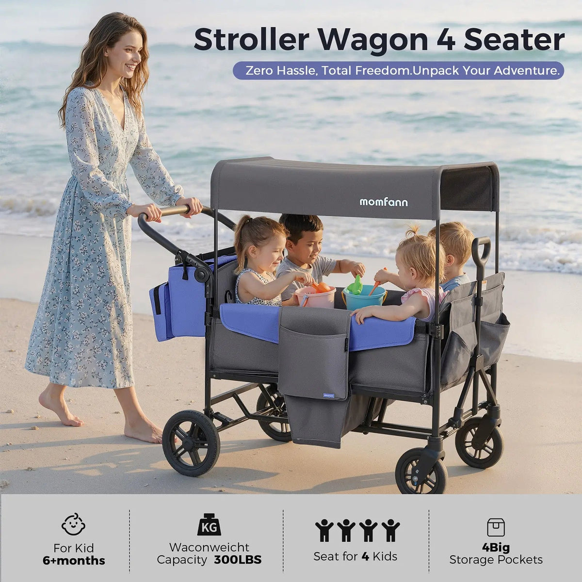 Momfann 2-Seater All-Terrain Stroller Wagon for Kids four-seat beach stroller wagon with canopy, momfann 2 seater folding stroller wagon, Momfann, Shopify Collective.