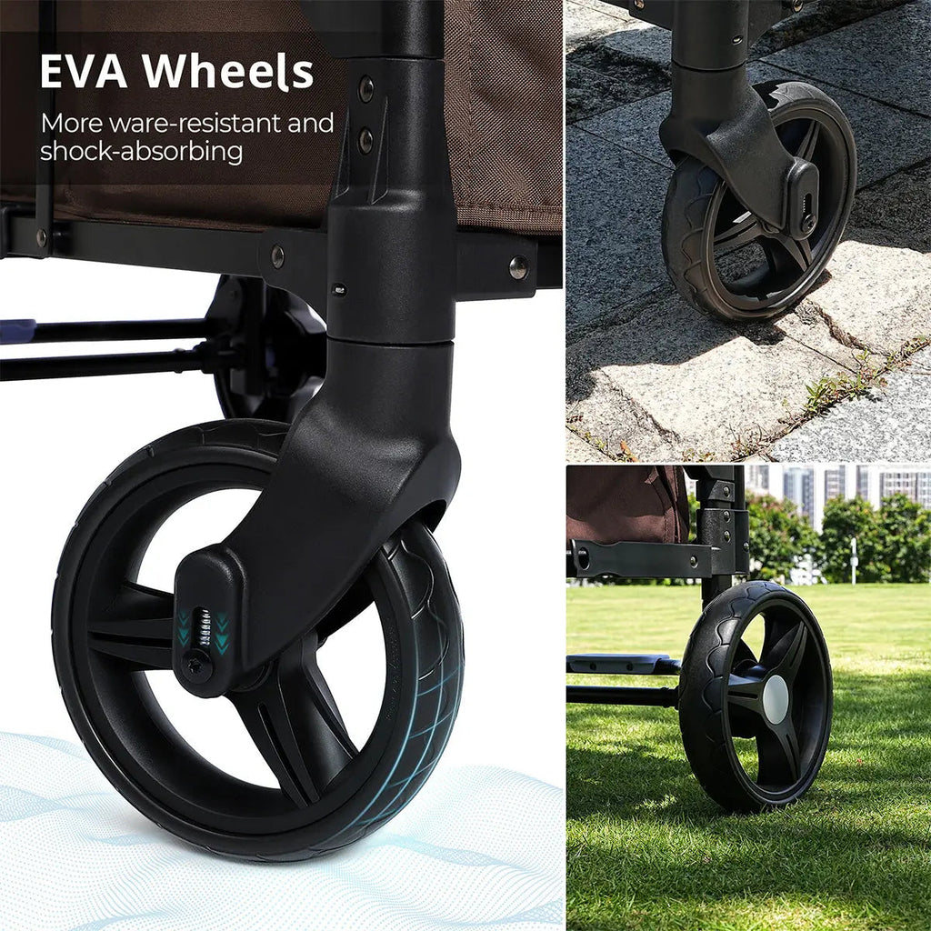 Momfann 2-Seater All-Terrain Stroller Wagon for Kids with brown shock-absorbing EVA wheels, momfann 2 seater folding stroller wagon, Momfann, Shopify Collective.