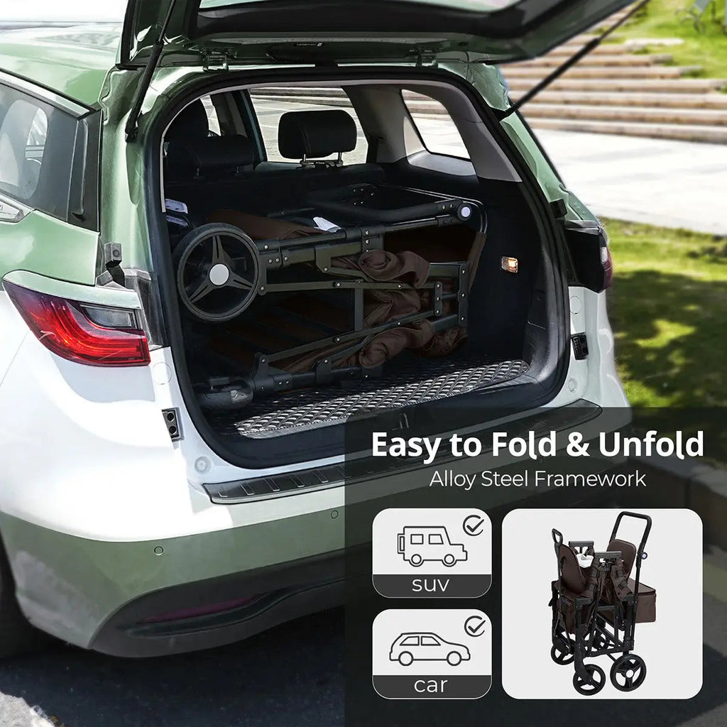 Momfann 2-Seater All-Terrain Stroller Wagon for Kids folded inside an SUV, demonstrating compact momfann 2 seater folding stroller wagon design, Momfann, Shopify Collective.