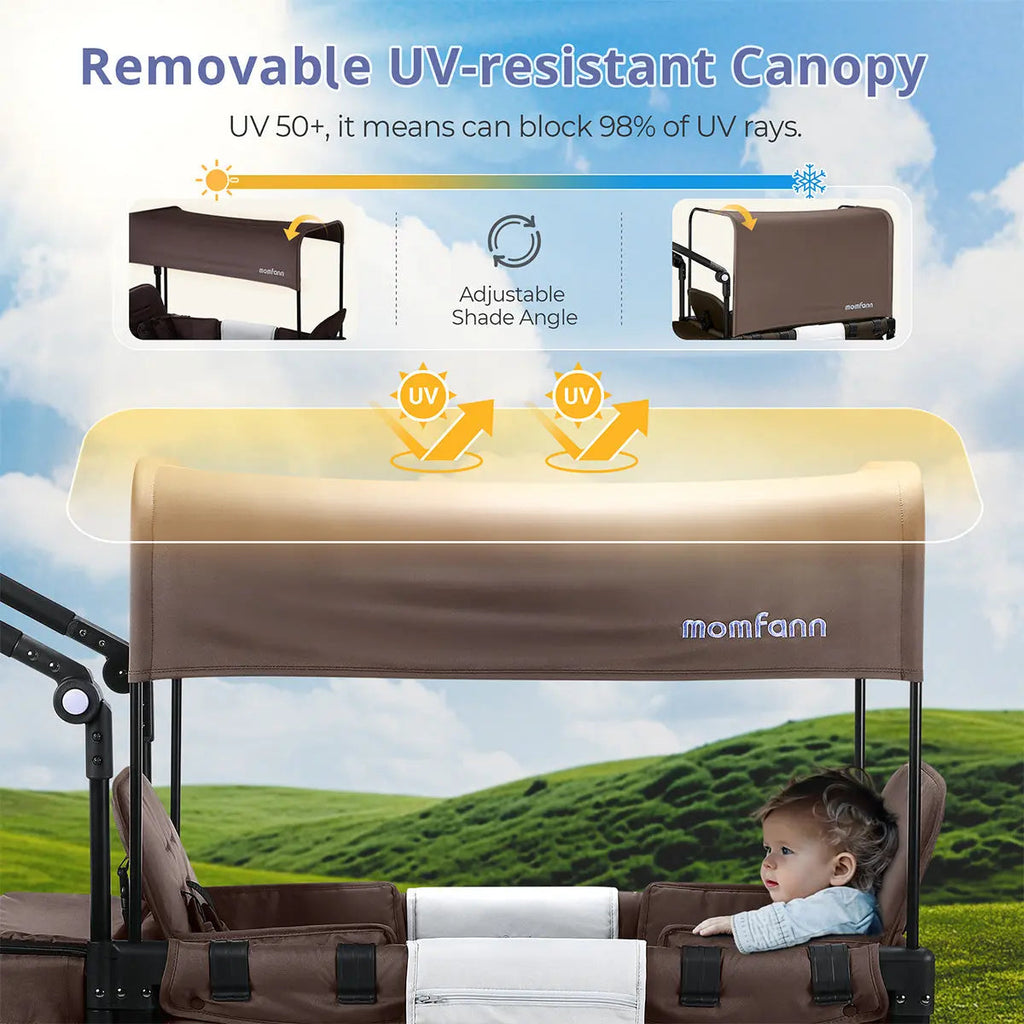 Momfann 2-Seater All-Terrain Stroller Wagon for Kids with brown removable UV-resistant canopy, momfann 2 seater folding stroller wagon sunshade, Momfann, Shopify Collective.