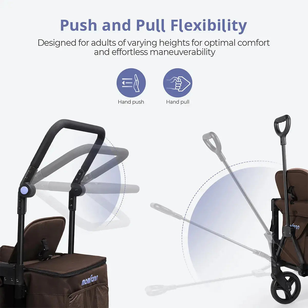 Momfann 2-Seater All-Terrain Stroller Wagon for Kids showing brown adjustable push and pull handles, momfann 2 seater folding stroller wagon, Momfann, Shopify Collective.