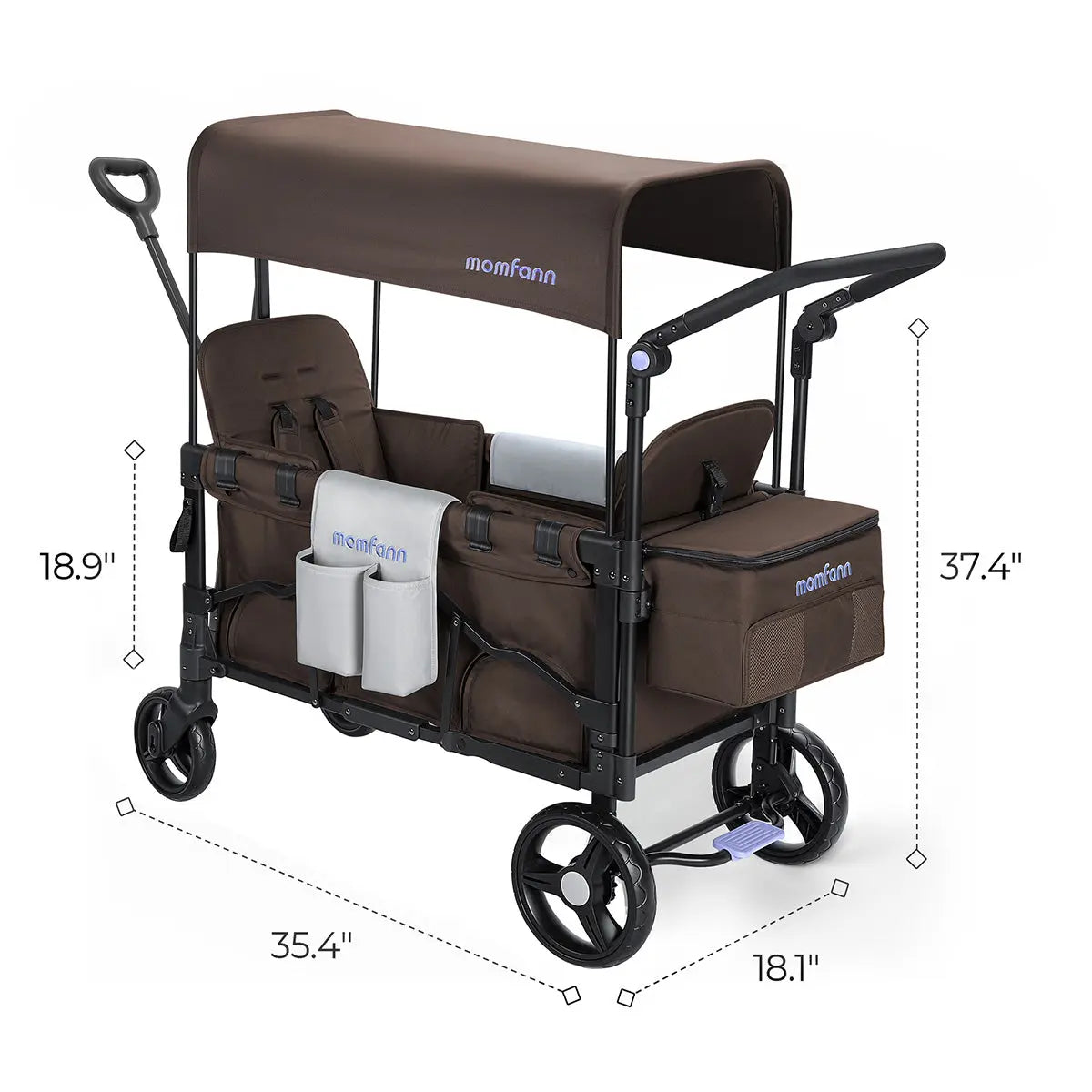 Momfann 2-Seater All-Terrain Stroller Wagon for Kids with brown dimensions shown, momfann 2 seater folding stroller wagon measurements, Momfann, Shopify Collective.