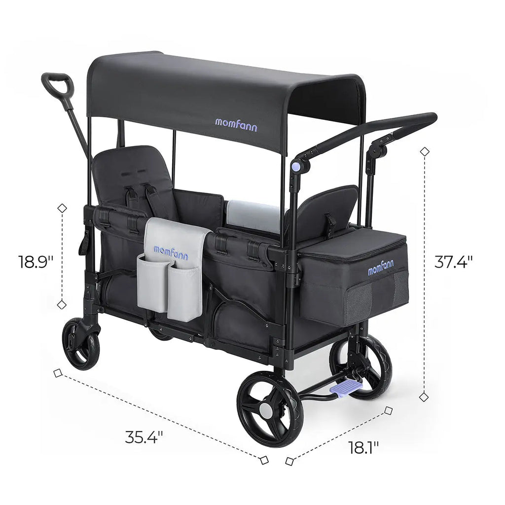 Momfann 2-Seater All-Terrain Stroller Wagon for Kids with dimensions displayed, compact momfann 2 seater folding stroller wagon in black, Momfann, Shopify Collective.