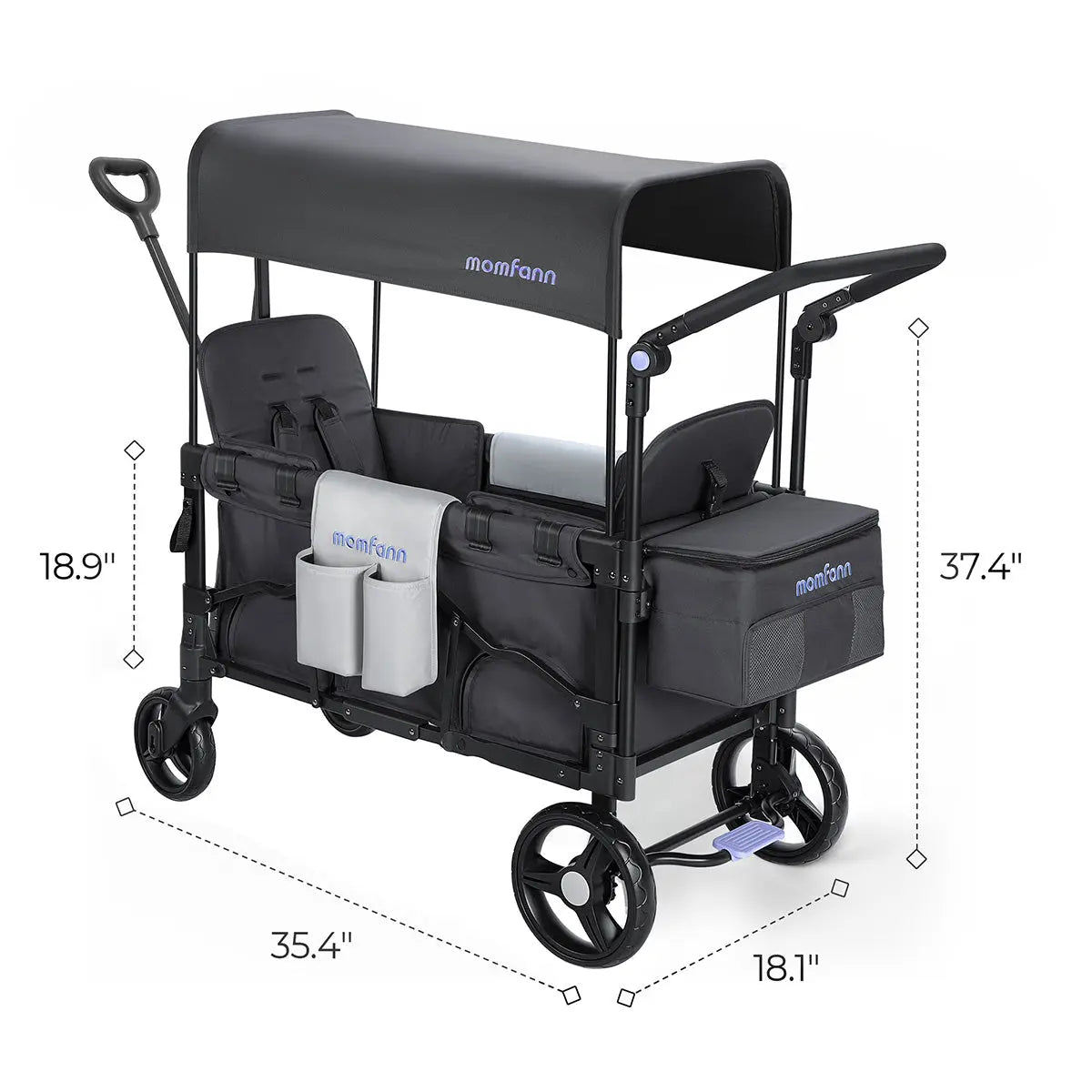 Momfann 2-Seater All-Terrain Stroller Wagon for Kids with dimensions displayed, compact momfann 2 seater folding stroller wagon in black, Momfann, Shopify Collective.