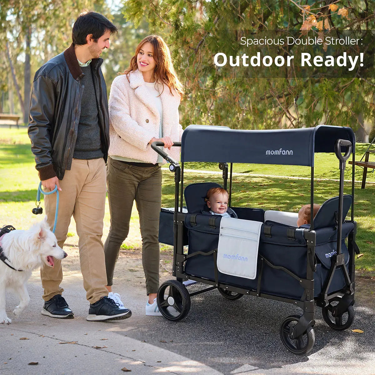 Momfann 2-Seater All-Terrain Stroller Wagon for Kids, momfann 2 seater folding stroller wagon used outdoors with two children, from Momfann, Shopify Collective.
