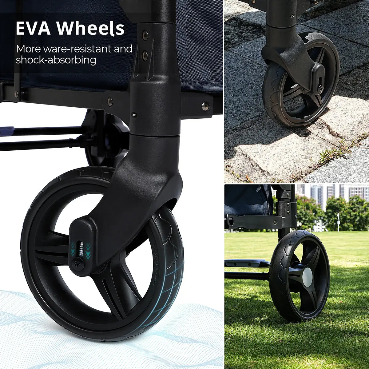 Momfann 2-Seater All-Terrain Stroller Wagon for Kids featuring shock-absorbing EVA wheels for the momfann 2 seater folding stroller wagon, Momfann, Shopify Collective.