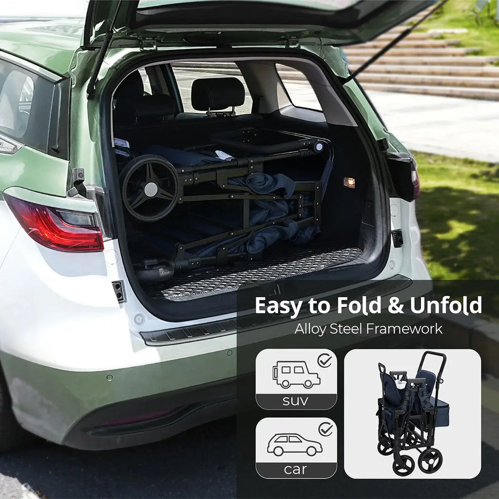 Momfann 2-Seater All-Terrain Stroller Wagon for Kids folded inside an SUV, showing compact momfann 2 seater folding stroller wagon storage, Momfann, Shopify Collective.