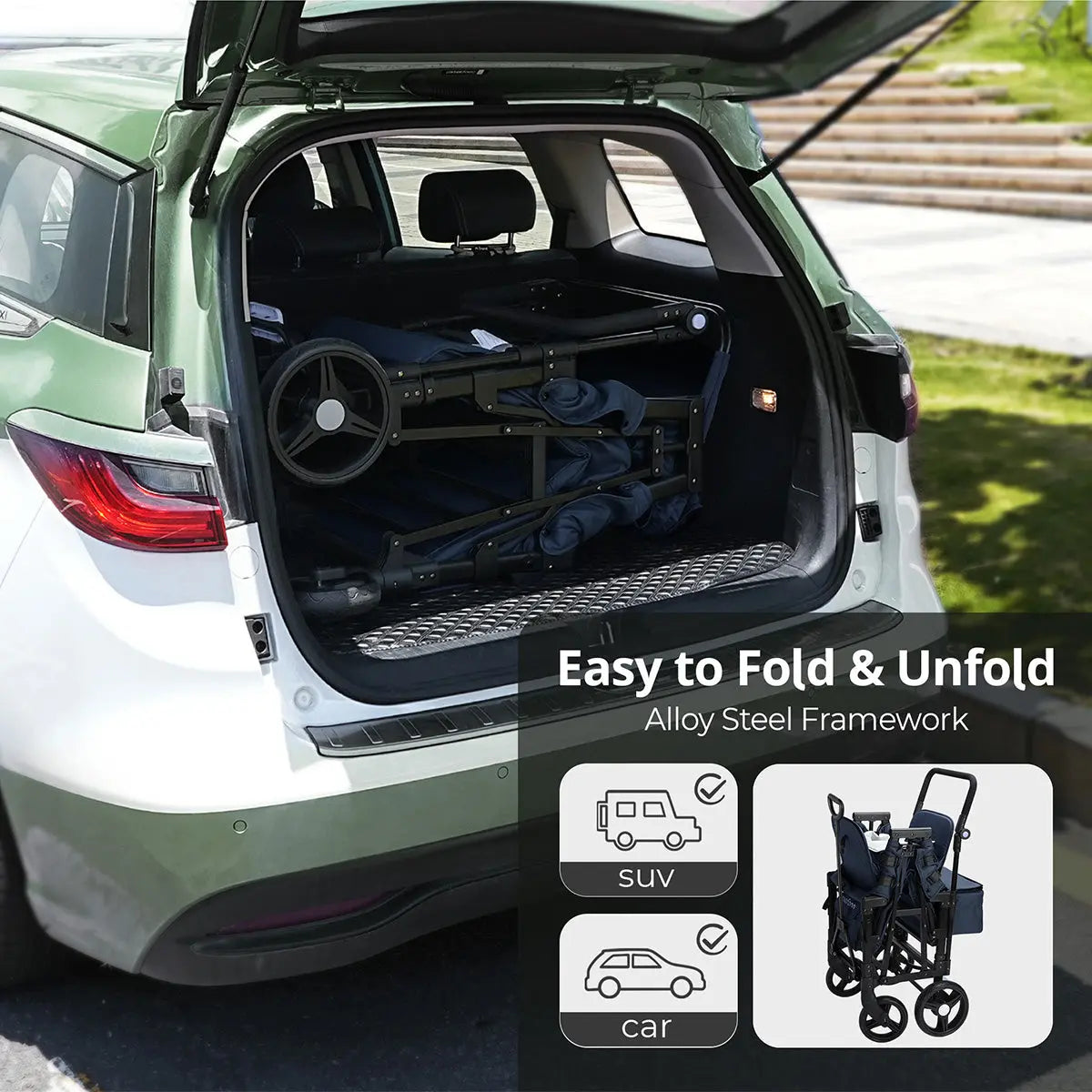 Momfann 2-Seater All-Terrain Stroller Wagon for Kids folded inside an SUV, showing compact momfann 2 seater folding stroller wagon storage, Momfann, Shopify Collective.