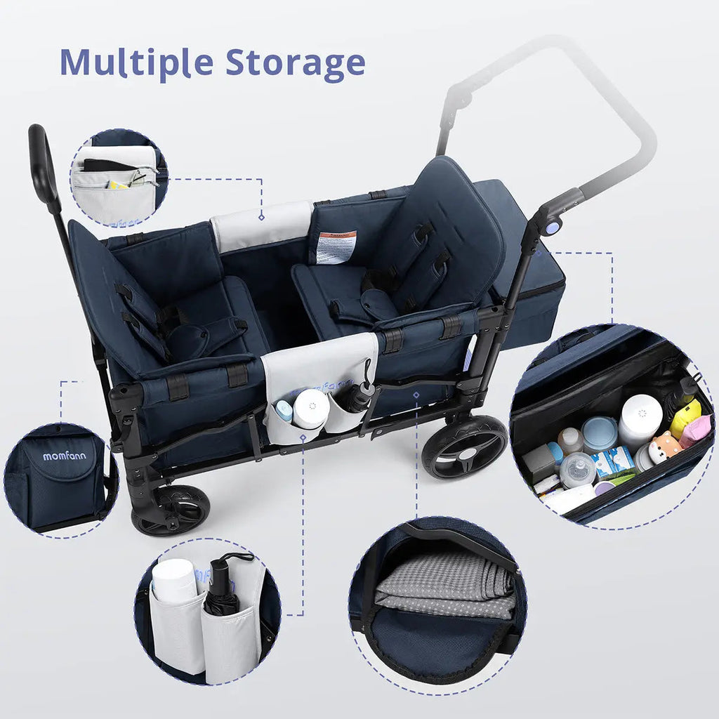 Momfann 2-Seater All-Terrain Stroller Wagon for Kids with multiple storage compartments, illustrating momfann 2 seater folding stroller wagon organization, Momfann, Shopify Collective.