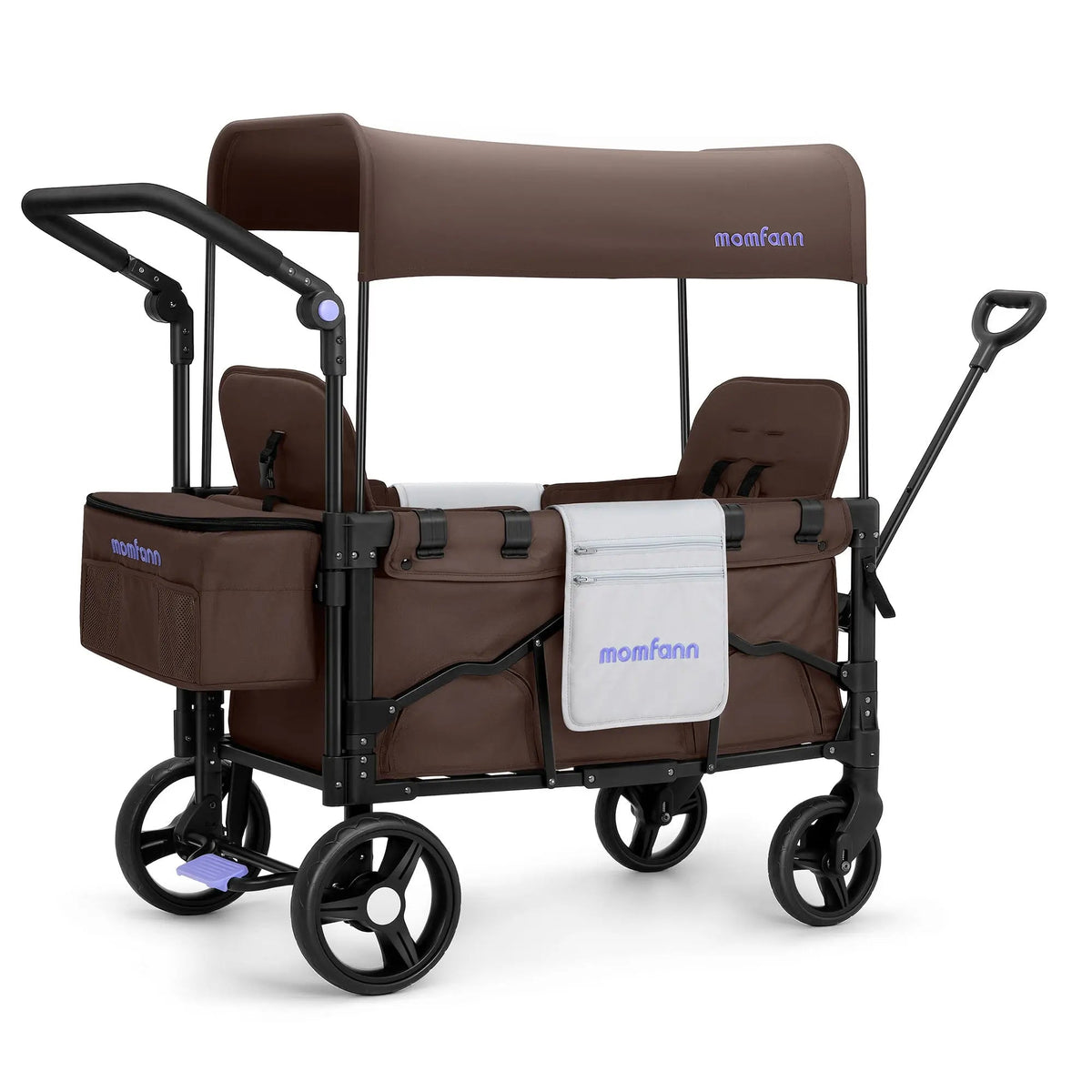 Momfann 2-Seater All-Terrain Stroller Wagon for Kids in brown with canopy, storage bags, and dual handles, momfann 2 seater folding stroller wagon, Momfann, Shopify Collective.