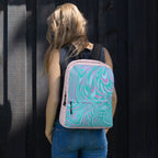 Back view of a woman carrying a vibrant pink and green back to school bag packs, designed for comfort and practical storage.