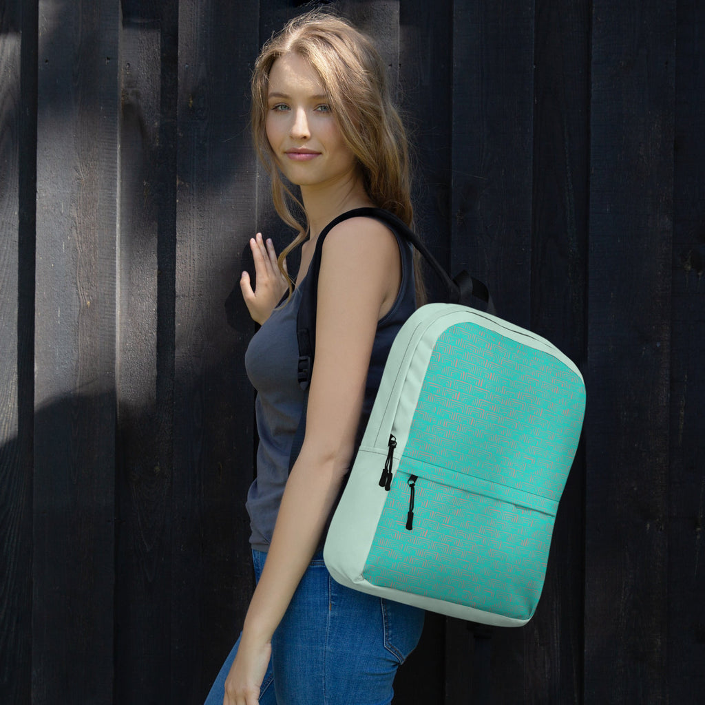 Stylish medium size backpack for back to school, modeled by a young woman against a wooden background. This backpack features a trendy design and is perfect for daily use and sports activities.