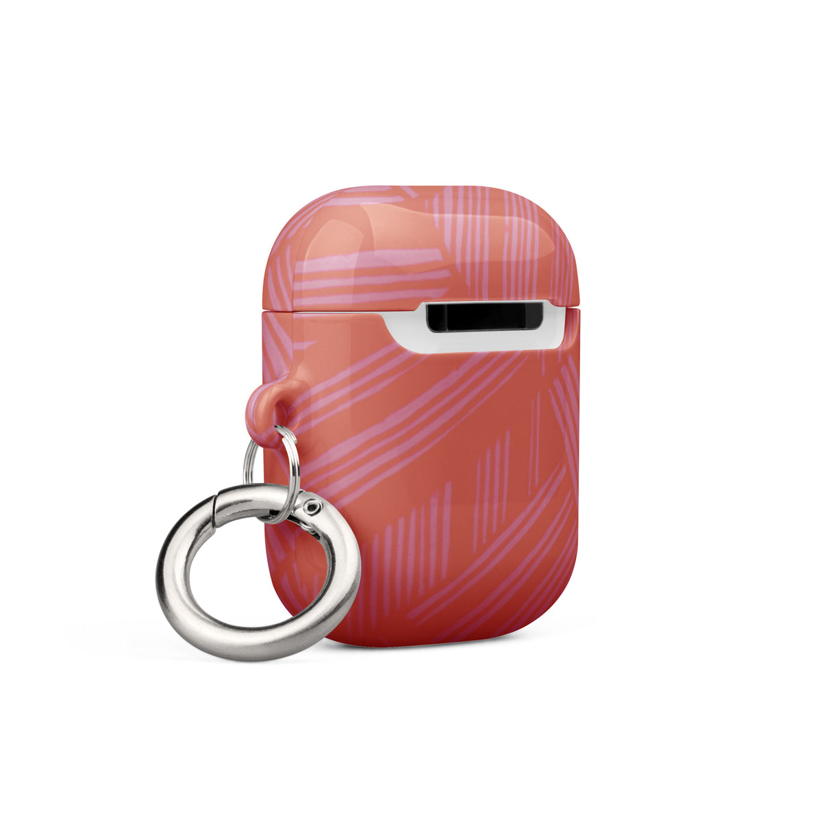 Angled rear view of the coral geometric Case for AirPods® with charging access and metal carabiner; protective airpods gen 2 case with carabiner.