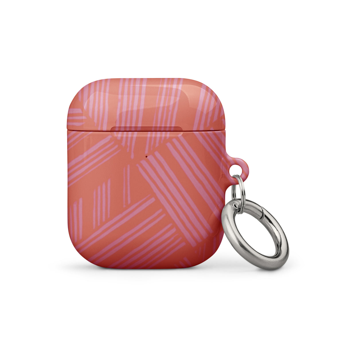 Front view of the coral patterned Case for AirPods® and silver metal carabiner; stylish airpods gen 2 case with carabiner designed for reliable protection.