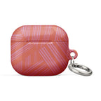 Case for AirPods® in a stylish coral geometric pattern with a metal carabiner, shown from the front; airpods gen 2 case with carabiner for secure everyday protection.