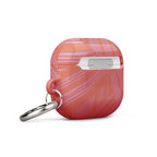 Angled side view of the coral Case for AirPods® with charging access and attached metal carabiner; protective airpods gen 2 case with carabiner.
