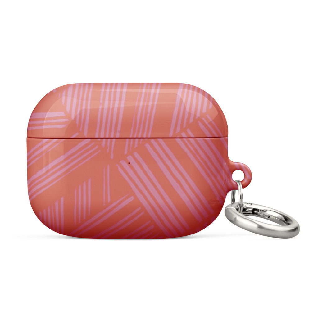 Front-side view of the closed coral patterned Case for AirPods® with silver metal carabiner; stylish airpods gen 2 case with carabiner for easy access.