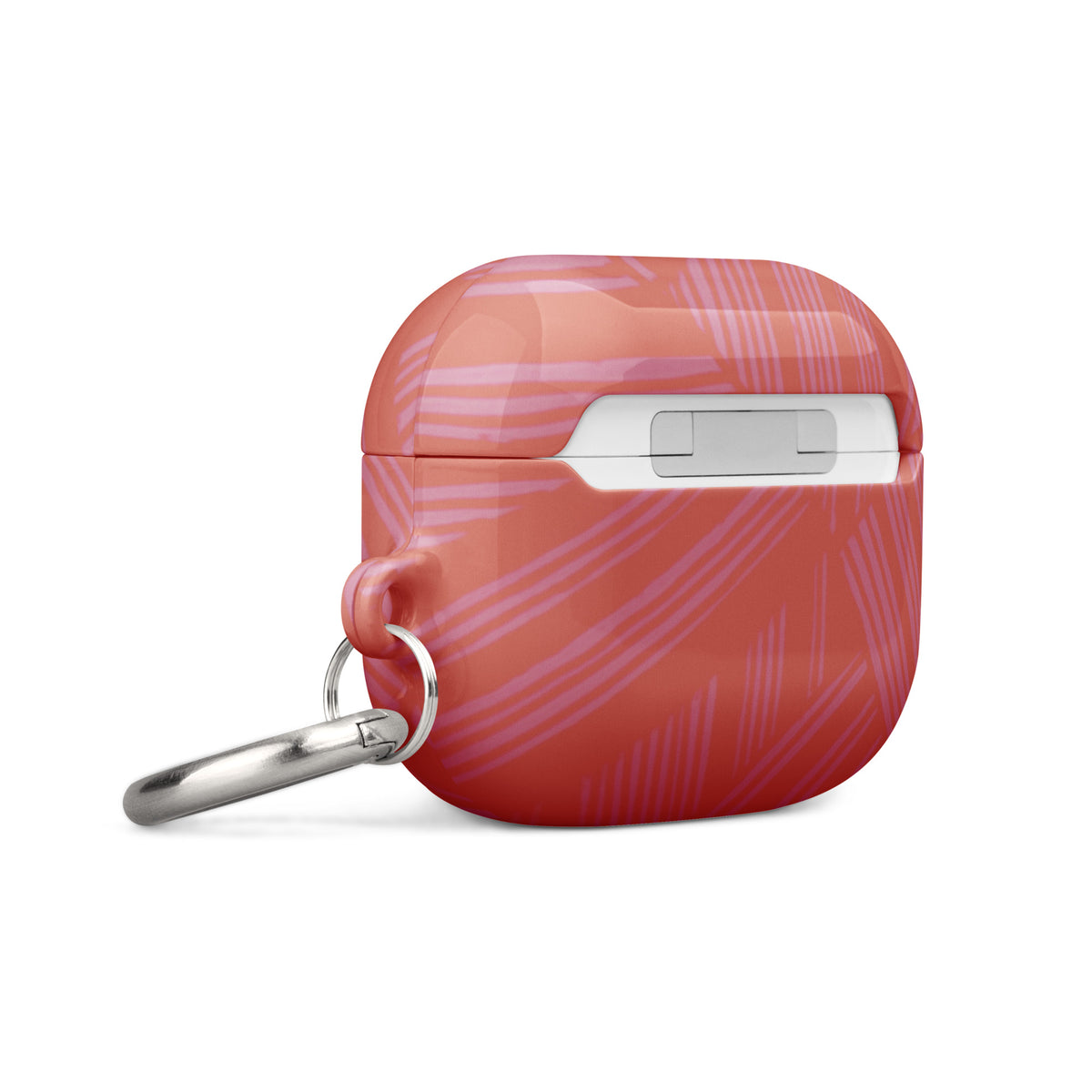 Angled rear view of the coral Case for AirPods® with charging access and metal carabiner; durable airpods gen 2 case with carabiner for daily carry.