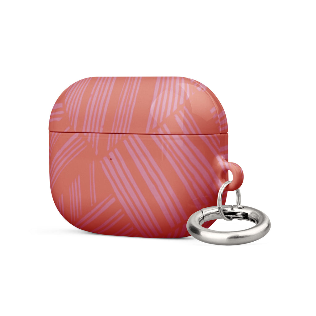 Angled front view of the coral geometric Case for AirPods® with a durable metal carabiner; eye-catching airpods gen 2 case with carabiner.