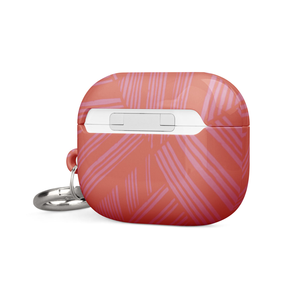 Rear three-quarter view of the coral geometric Case for AirPods® with charging access and silver carabiner; stylish airpods gen 2 case with carabiner.