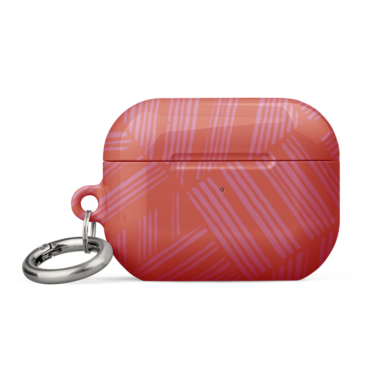 Closed rear view of the patterned Case for AirPods® with metal carabiner attached at the side; protective airpods gen 2 case with carabiner.