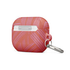 Angled front-side view of the coral geometric Case for AirPods® with charging access and metal carabiner; stylish, protective airpods gen 2 case with carabiner.