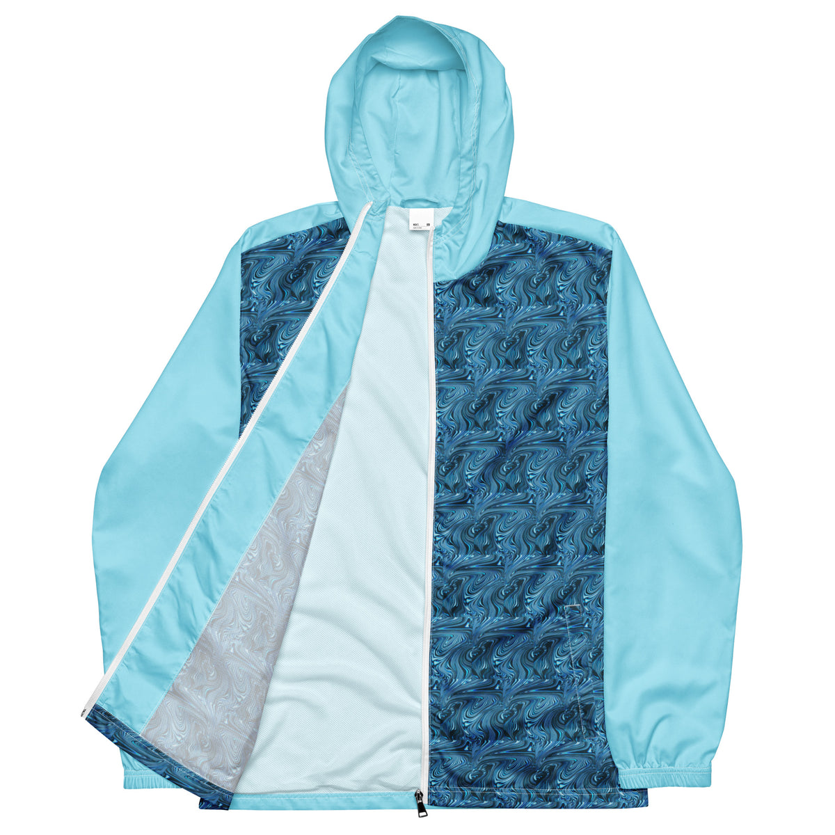 Men’s windbreaker, men's hooded windbreaker in turquoise with patterned front panels, breathable mesh lining, zippered front, elastic cuffs, and side pockets