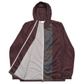 Men’s windbreaker, men's lightweight rain jacket in burgundy with an open front, breathable mesh lining, hood, zip closure, elastic cuffs, and side pockets