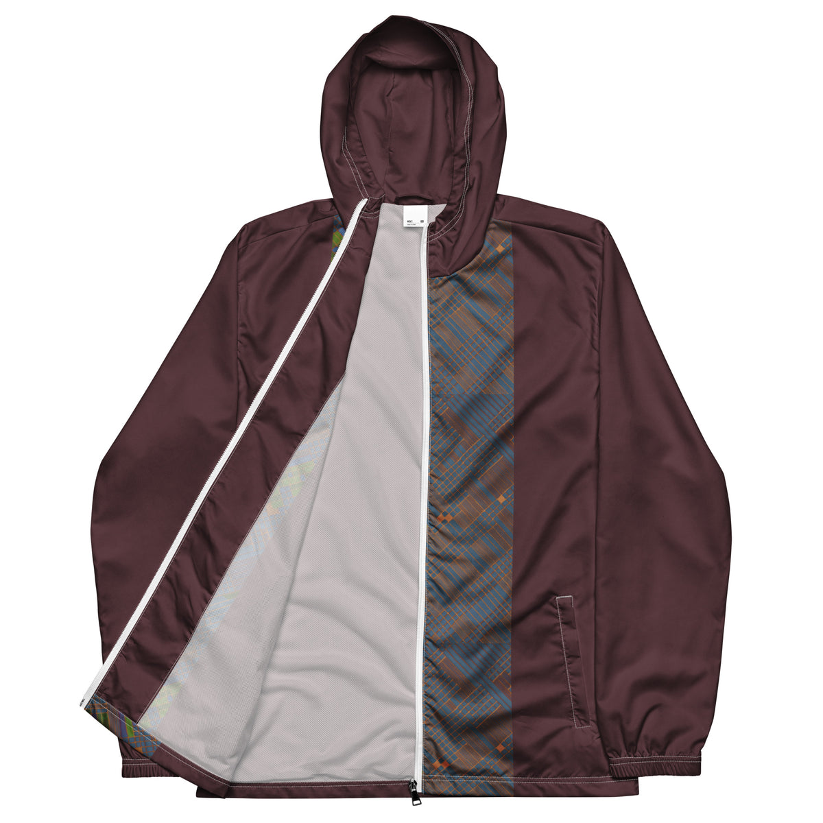 Men’s windbreaker, men's lightweight rain jacket in burgundy with an open front, breathable mesh lining, hood, zip closure, elastic cuffs, and side pockets