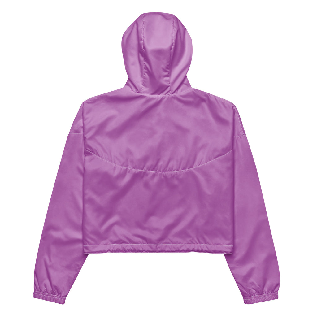 Lightweight Street Style Women's Windbreaker – Cropped Water-Resistant Hooded Jacket, back view in purple showing the hood, cropped hem, lightweight shell, and elastic cuffs