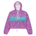 Lightweight Street Style Women's Windbreaker – Cropped Water-Resistant Hooded Jacket, front view in purple with patterned chest panel, adjustable hood, half-zip closure, drawcord waist, and elastic cuffs