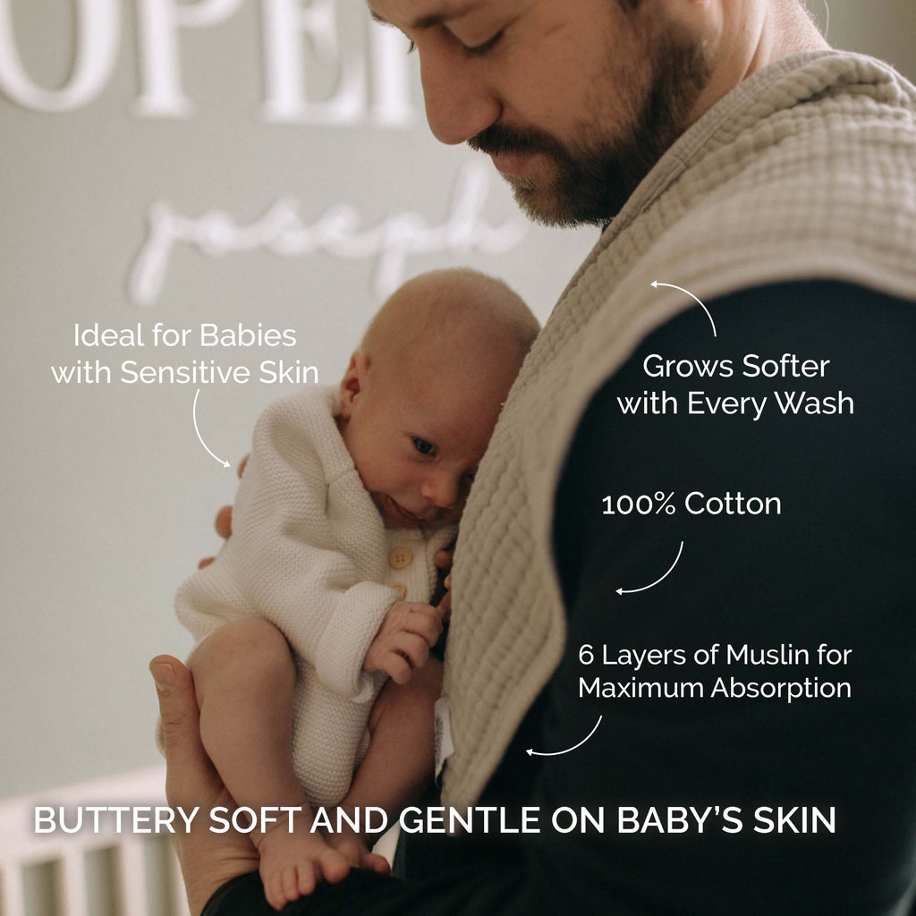 Butterfly Set - Muslin Burp Cloths (4 Pack) absorbent burp cloths for under 2, shown against a baby's skin with soft 100% cotton muslin.