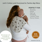 Butterfly Set - Muslin Burp Cloths (4 Pack) absorbent burp cloths for under 2, shown protecting a mother's shoulder while burping a baby.