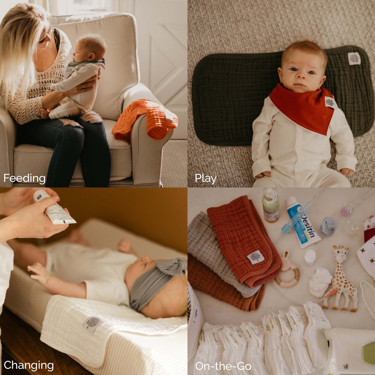 Butterfly Set - Muslin Burp Cloths (4 Pack) absorbent burp cloths for under 2, displayed for feeding, playtime, changing, and travel.