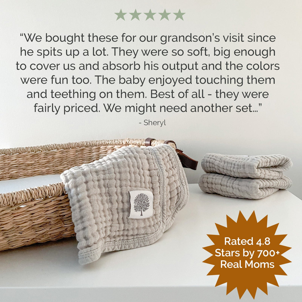 Butterfly Set - Muslin Burp Cloths (4 Pack) absorbent burp cloths for under 2, shown folded beside a basket with a customer review.