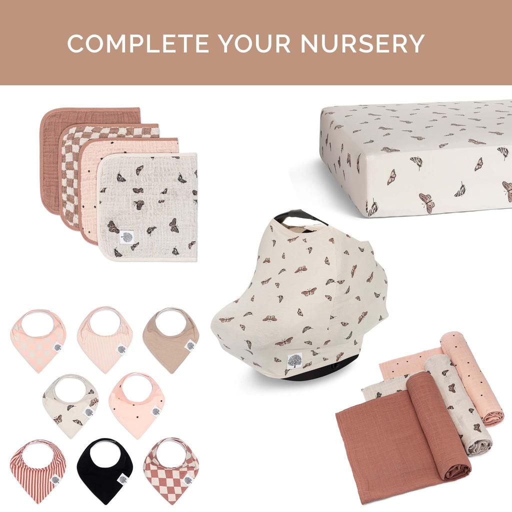 Butterfly Set - Muslin Burp Cloths (4 Pack) absorbent burp cloths for under 2, pictured with coordinating nursery and baby accessories.