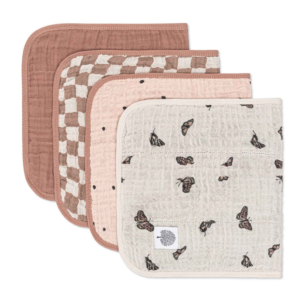 Butterfly Set - Muslin Burp Cloths (4 Pack) absorbent burp cloths for under 2, showing four oversized butterfly-print muslin cotton burp cloths.