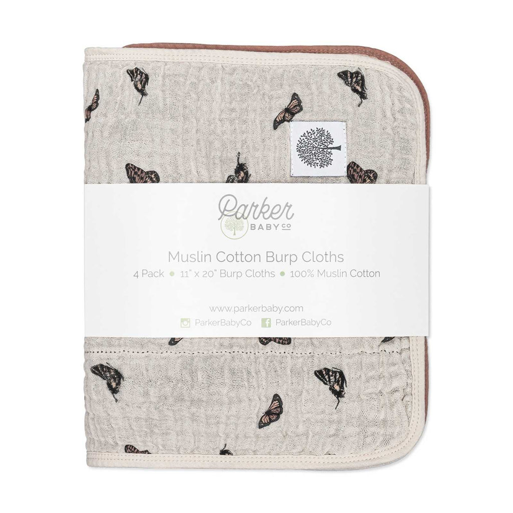 Butterfly Set - Muslin Burp Cloths (4 Pack) absorbent burp cloths for under 2, displayed as a packaged four-piece muslin cotton set.