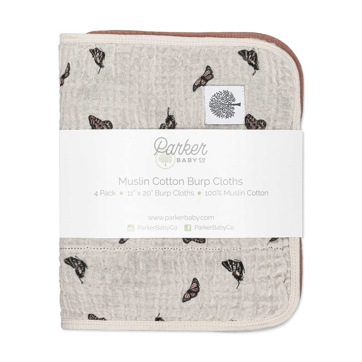 Butterfly Set - Muslin Burp Cloths (4 Pack) absorbent burp cloths for under 2, displayed as a packaged four-piece muslin cotton set.