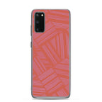 Clear Case for Samsung® with coral and lavender abstract stripe design, shown on a Samsung Galaxy smartphone; wireless charging Samsung Galaxy S23 case.