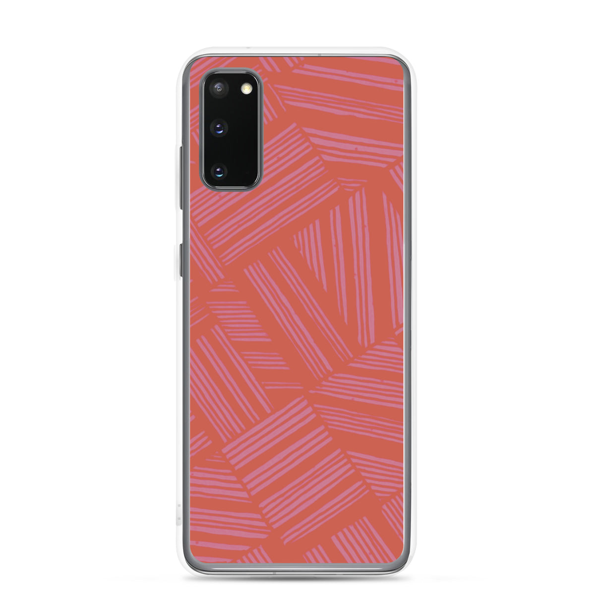 Clear Case for Samsung® with coral and lavender abstract stripe design, shown on a Samsung Galaxy smartphone; wireless charging Samsung Galaxy S23 case.