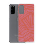 Clear Case for Samsung® shown beside a Samsung phone with a raised camera cutout and coral lavender line pattern; wireless charging Samsung Galaxy S23 case.