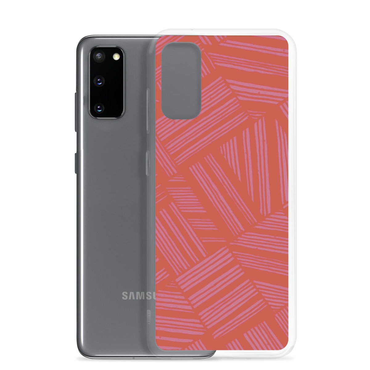 Clear Case for Samsung® shown beside a Samsung phone with a raised camera cutout and coral lavender line pattern; wireless charging Samsung Galaxy S23 case.