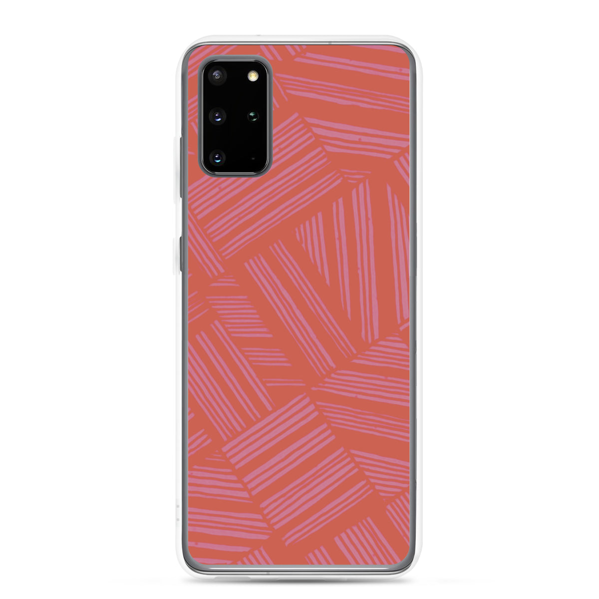 Clear Case for Samsung® featuring a coral geometric line pattern and precise camera cutout; wireless charging Samsung Galaxy S23 case.