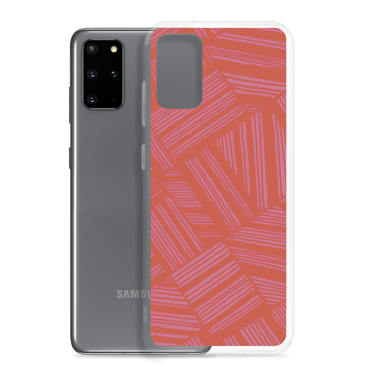 Clear Case for Samsung® shown beside a Samsung phone, with transparent edges and coral abstract stripe artwork; wireless charging Samsung Galaxy S23 case.
