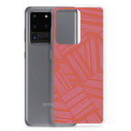 Clear Case for Samsung® displayed beside a Samsung Galaxy smartphone, highlighting the transparent case profile and coral patterned back; wireless charging Samsung Galaxy S23 case.